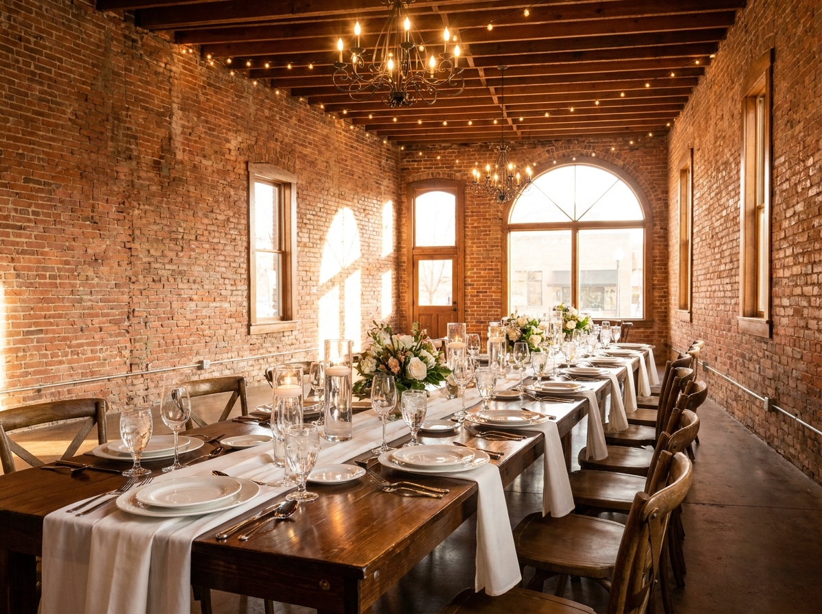 A prepared table inside a historic Fort Collins venue for an event.