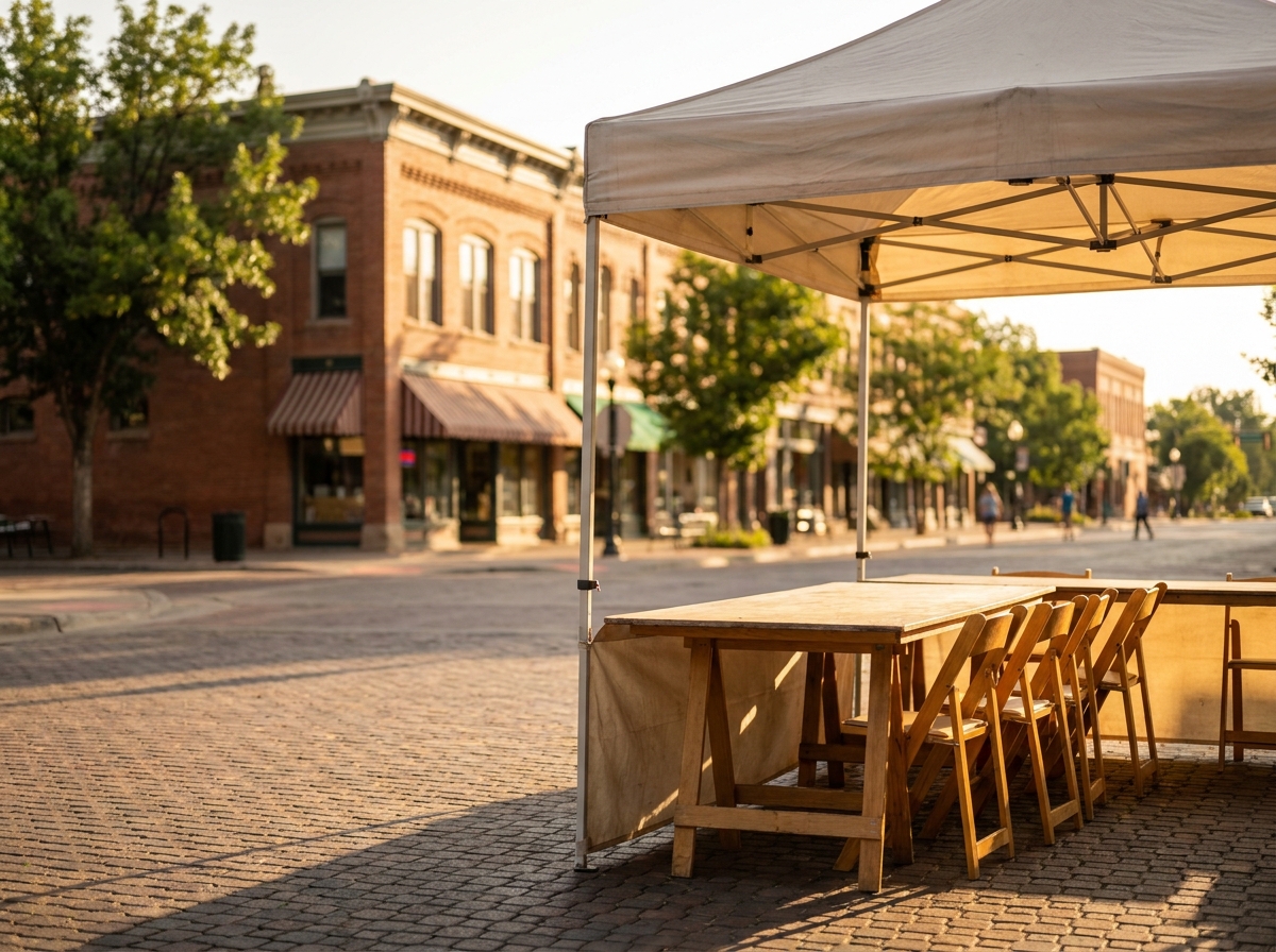 An event booth set up at an outdoor market in Fort Collins.