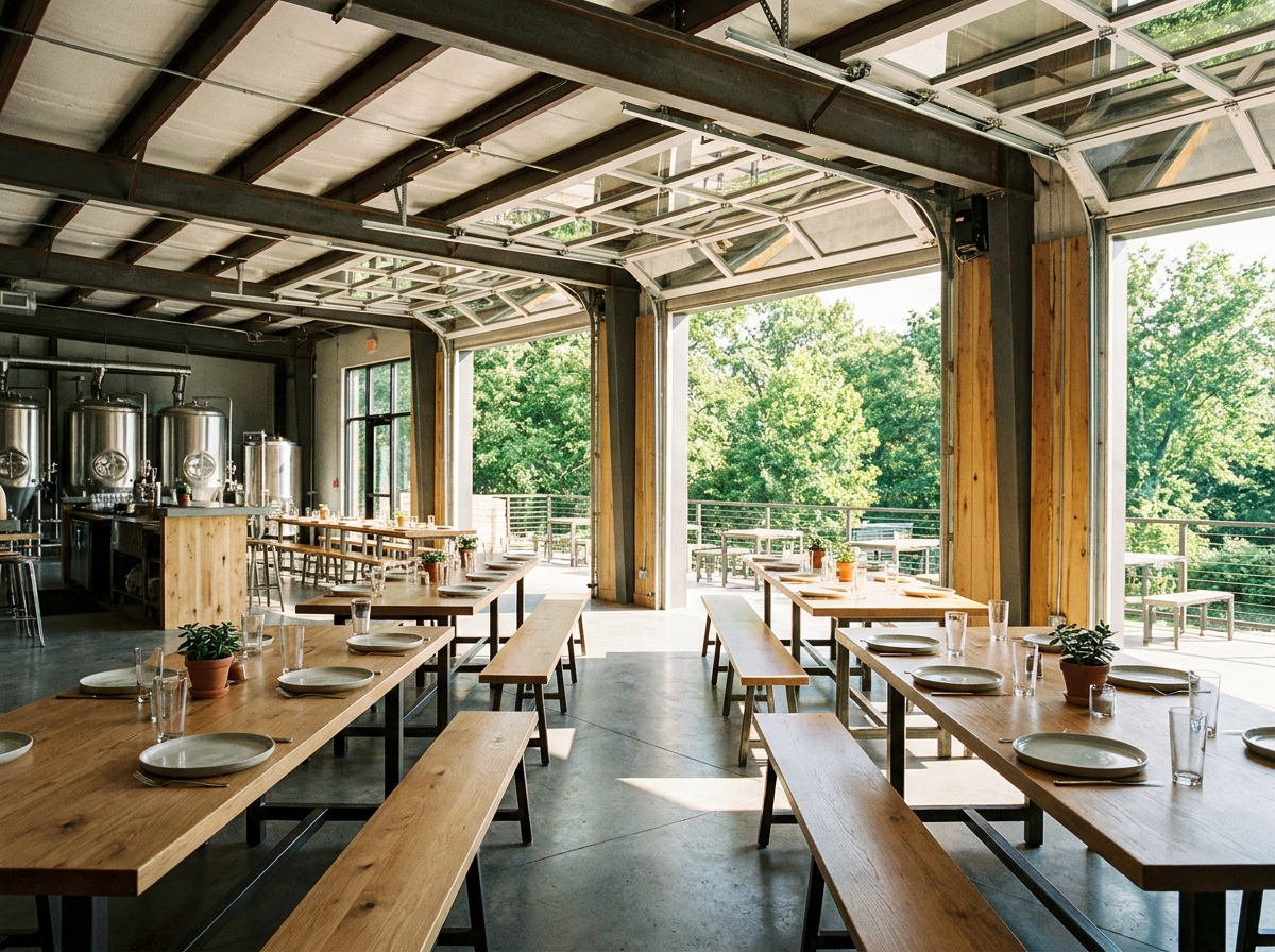 An empty brewery taproom in Fort Collins set up for a professional networking event.