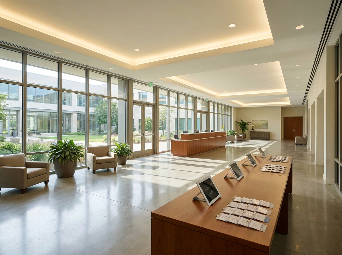A registration desk at a conference center in Fort Collins prepared for a business event.