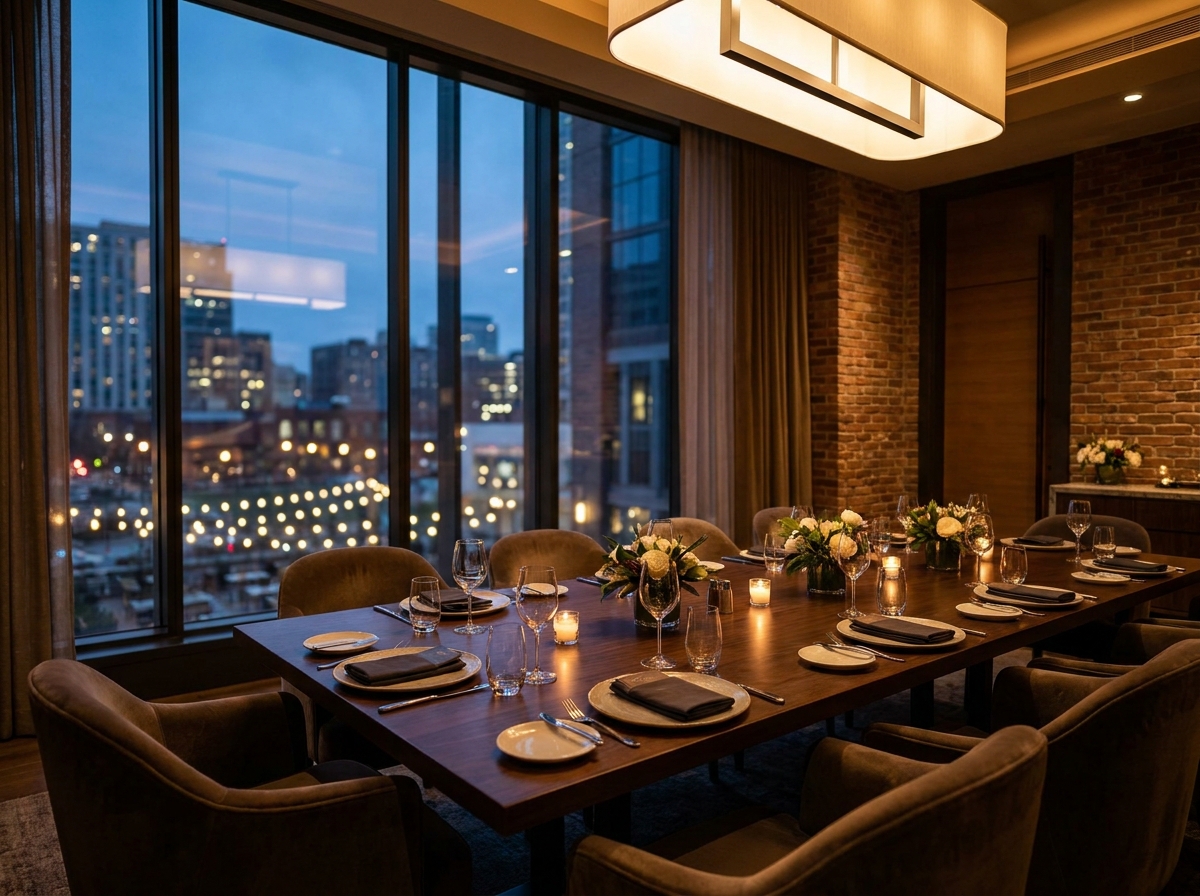 A private dining room in Fort Collins set for a corporate networking dinner.