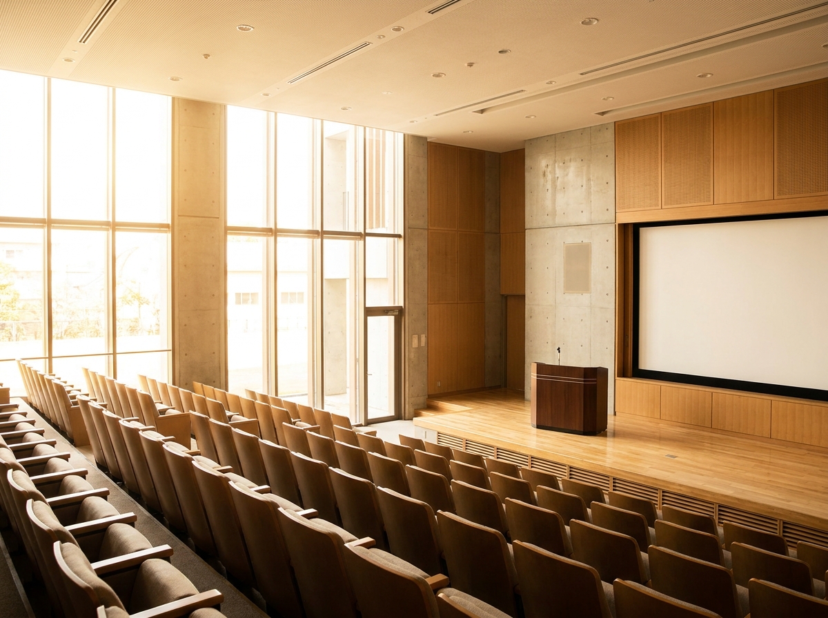 An empty auditorium on a college campus in Fort Collins, ready for a business speaker event.