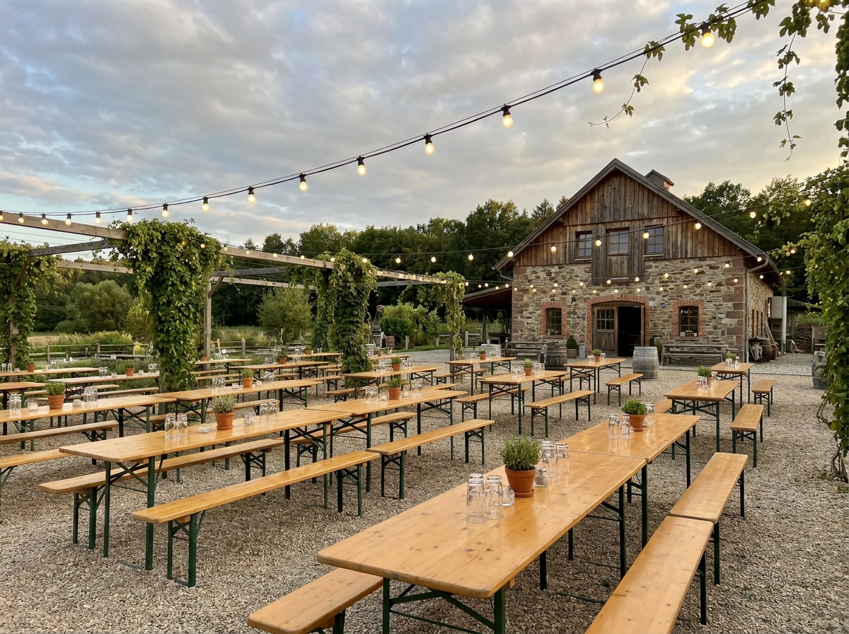 An outdoor brewery space in Fort Wayne set for an event.