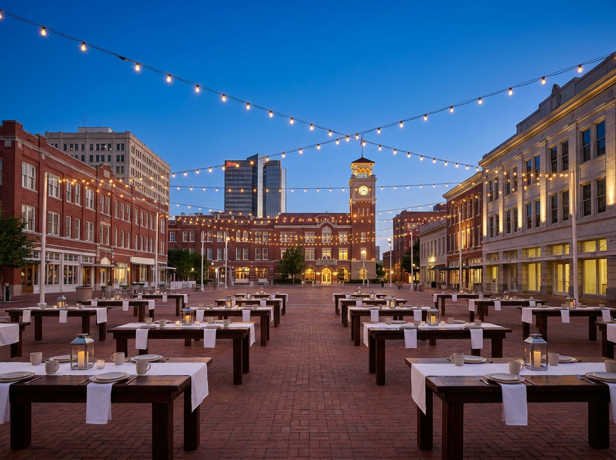 An outdoor event space in downtown Fort Worth set up for ticketed entry.