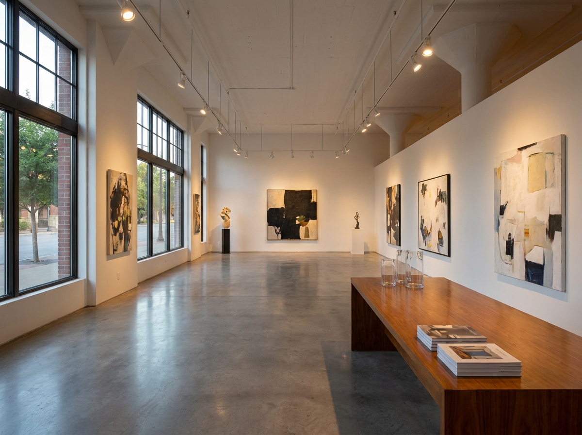 An empty art gallery in Fort Worth prepared for a private ticketed event.