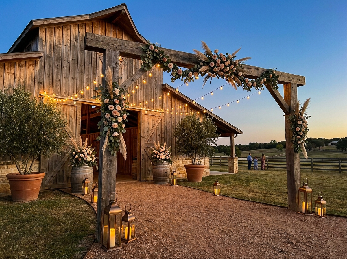 The entrance to a Fort Worth event venue, ready for guest check-in.