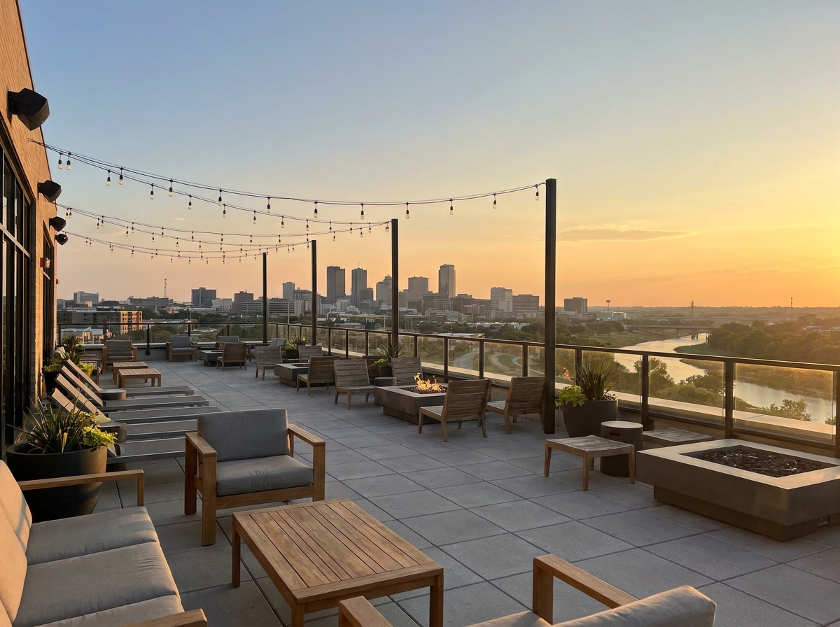 A rooftop venue in Fort Worth prepared for an event, illustrating a place to sell tickets.