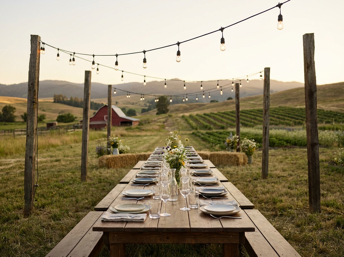 Tables set for an outdoor farm-to-table event in the Fresno area.