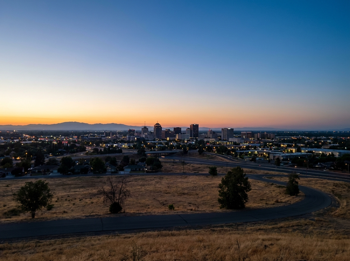 The Fresno city skyline at dusk, signaling the start of evening events.