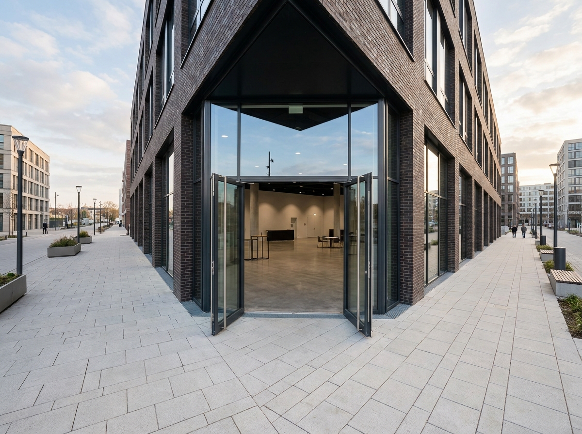 The entrance to a modern event venue in Frisco, Texas.