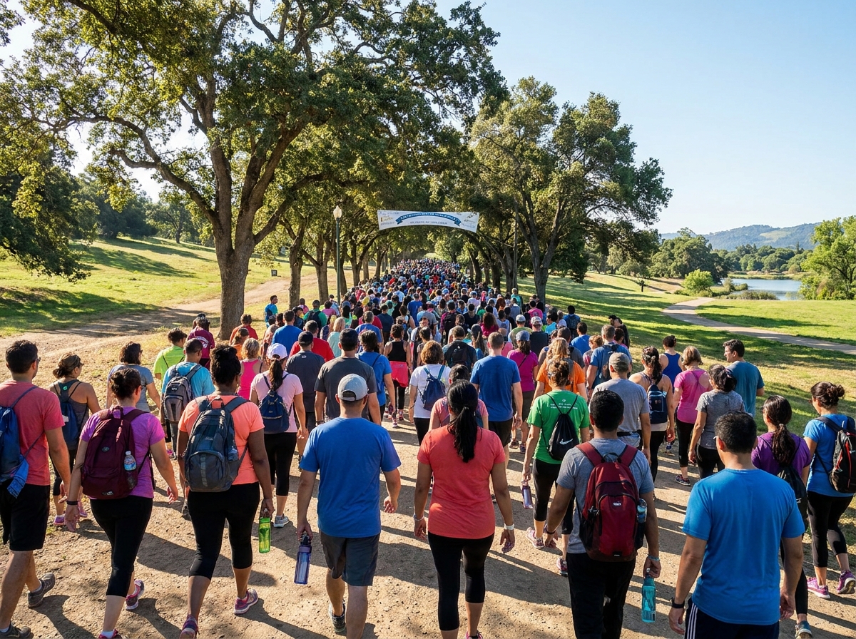 A crowd of people walking together at an outdoor fundraising event.