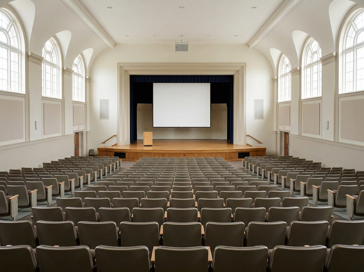 An empty auditorium prepared for a school fundraiser presentation.