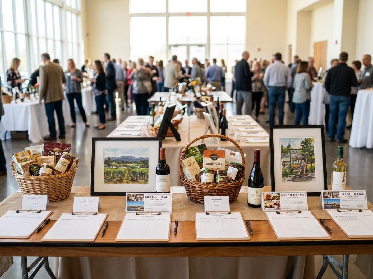 A silent auction table with items and bid sheets ready for a fundraiser.
