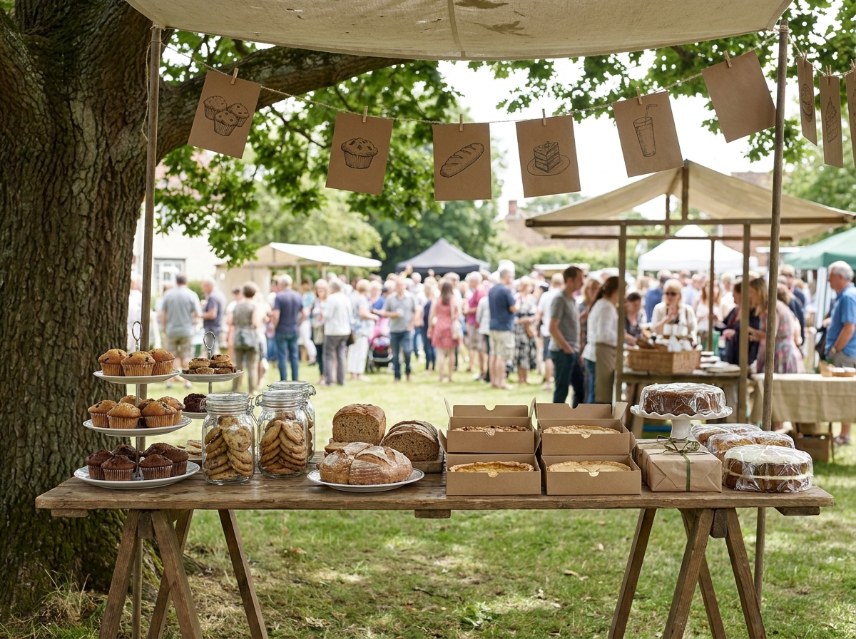 An outdoor bake sale table at a community fundraiser event.