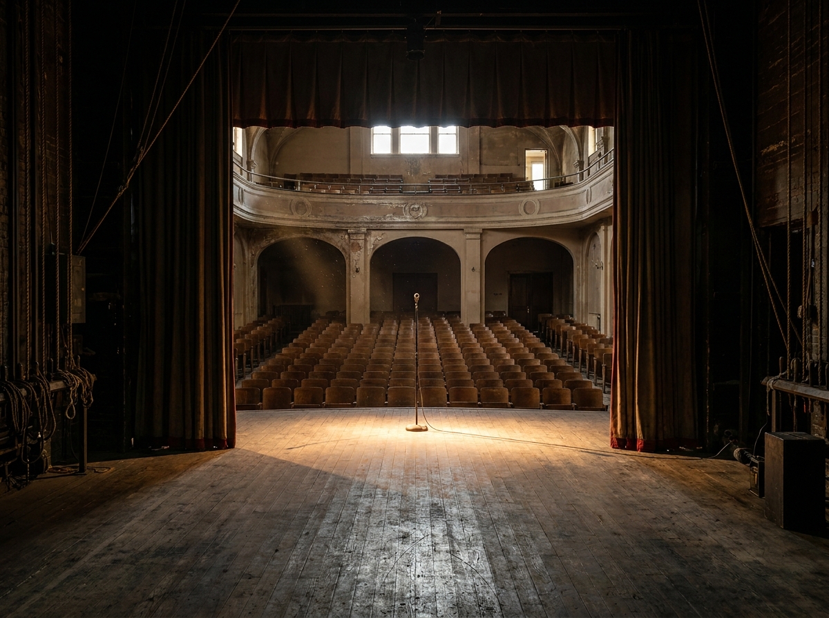 Empty seats in a small theater, viewed from the stage before a comedy show.