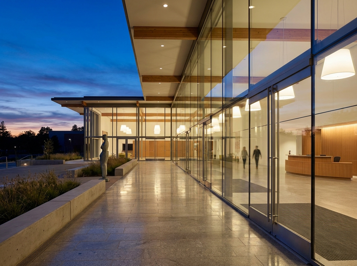 The modern, empty entrance to a performance hall suitable for a comedy show.