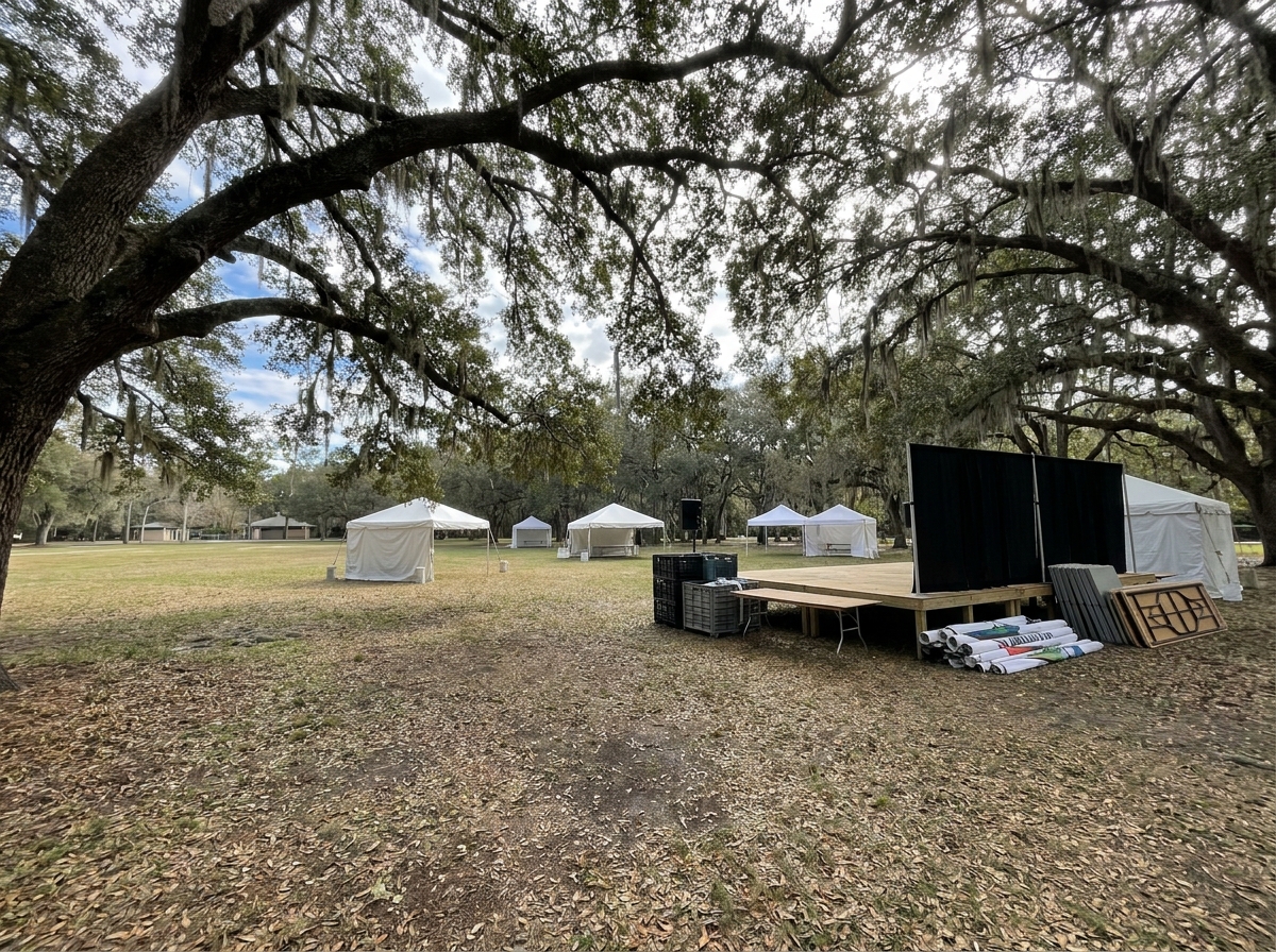 An outdoor park in Gainesville set up for a community festival.