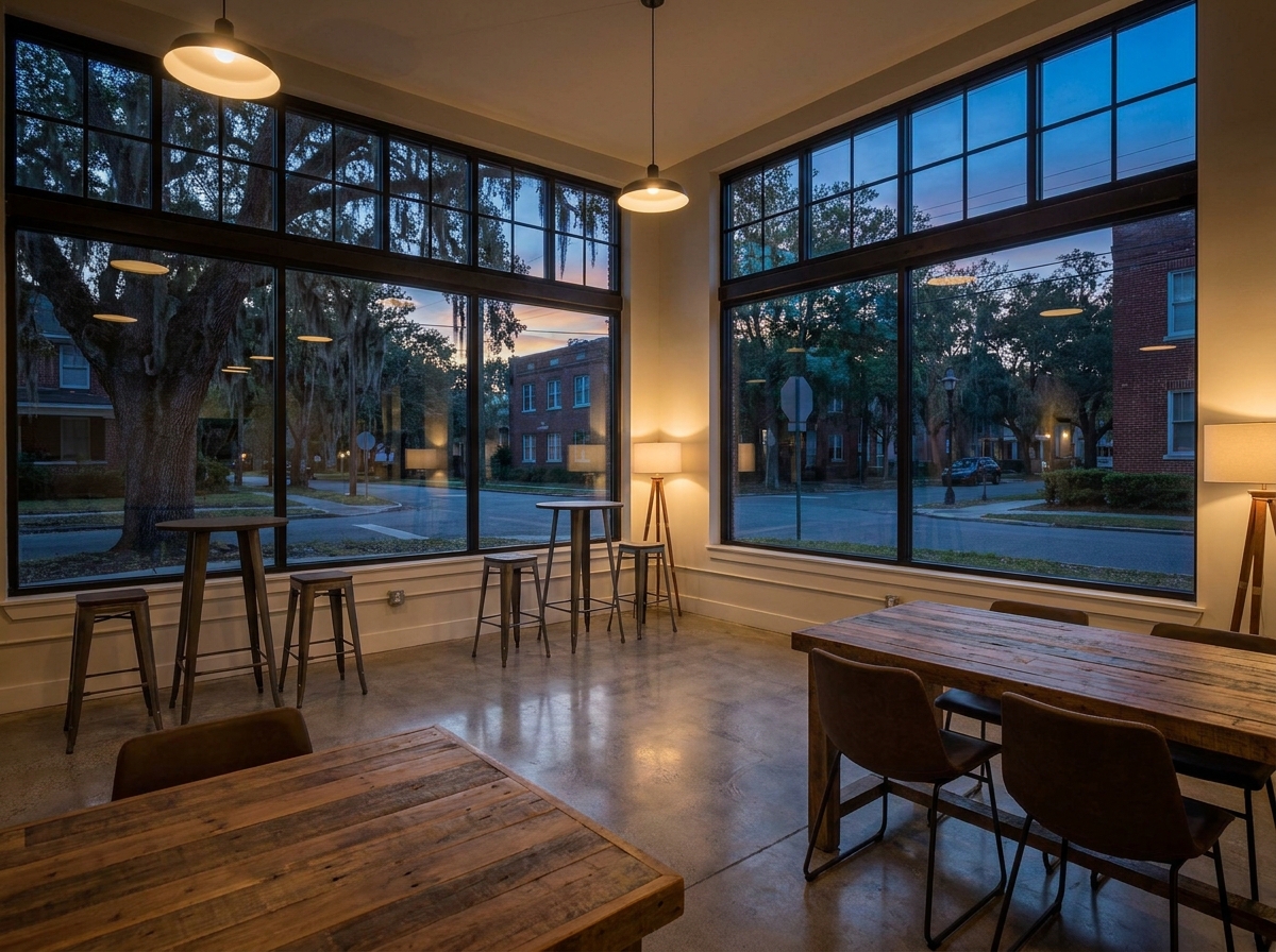 An empty co-working space in Gainesville set up for a business networking event.