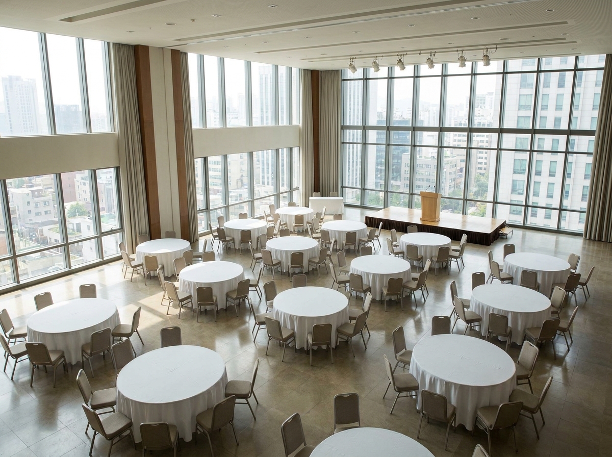 An empty conference room in Gainesville prepared for a business event.