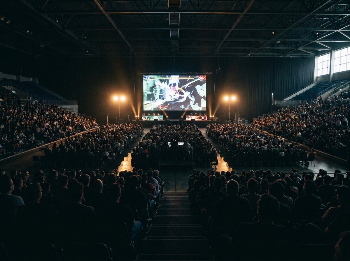 A large crowd watching an esports competition at a gaming convention.