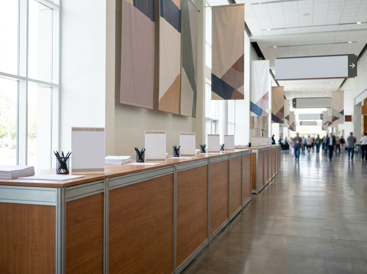 An organized check-in area at a gaming convention, ready for attendees.