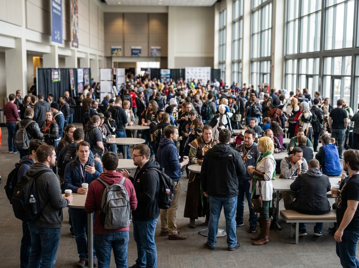 Attendees networking and socializing on the floor of a gaming convention.