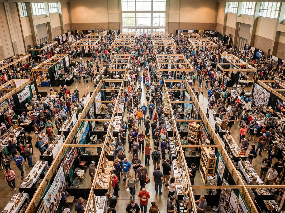 An aerial view of a busy vendor hall at a gaming expo.