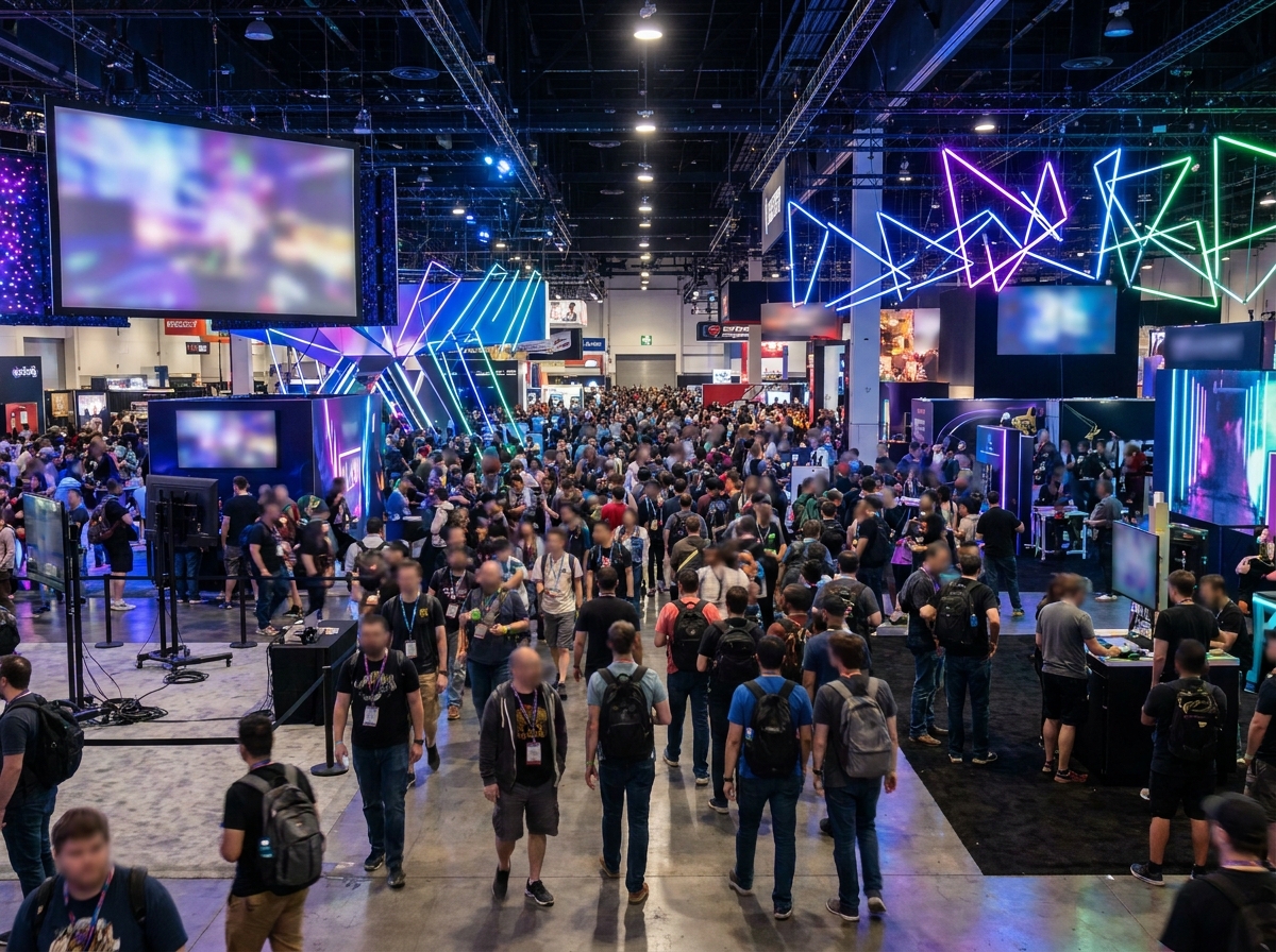 A busy exhibition hall during a gaming convention, with attendees exploring various booths.