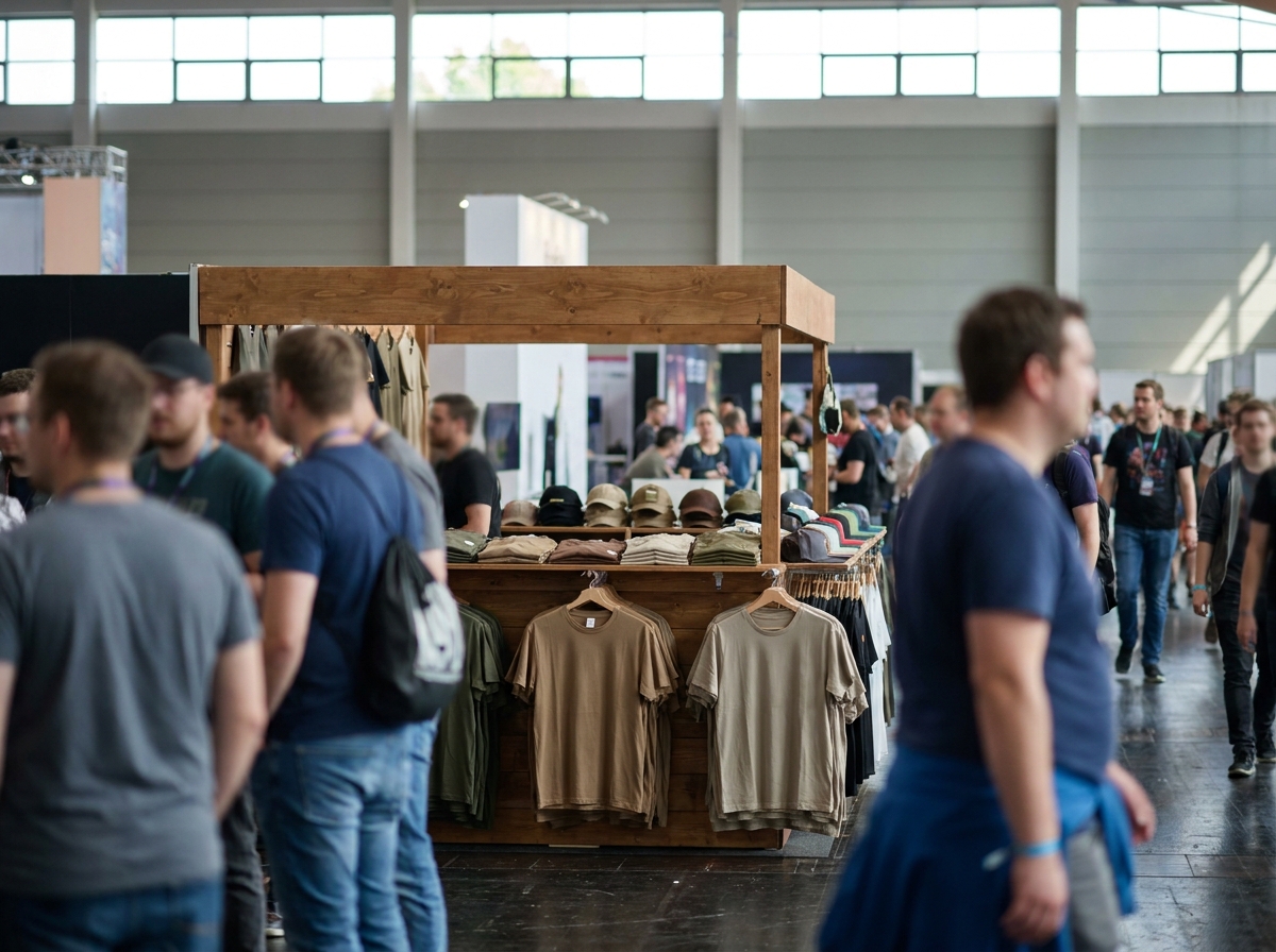 A merchandise stand at a gaming event selling apparel and other items to attendees.