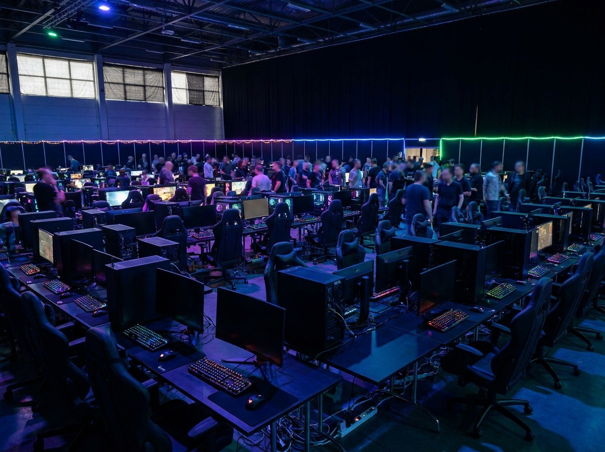 A room prepared for a gaming tournament, with rows of computers and gaming chairs.