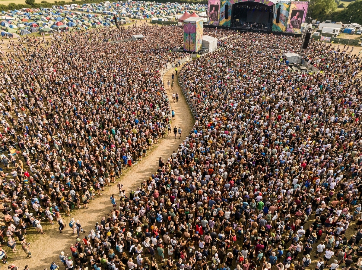 A large crowd of people gathered at an outdoor music gig.