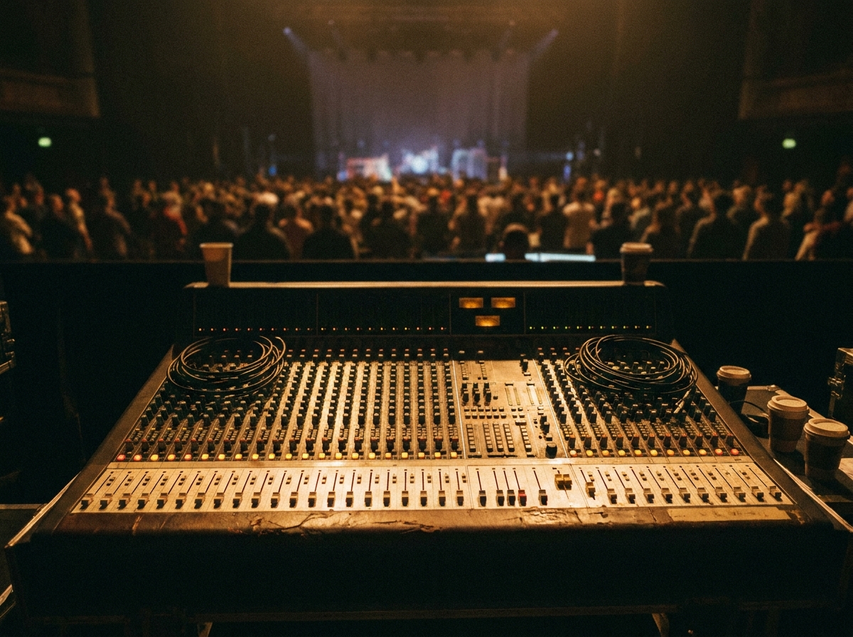 A sound mixing board at a music venue, representing the back-end operations of a gig.