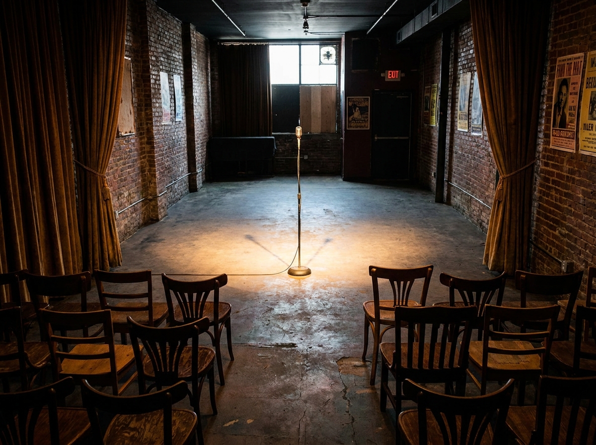 An empty, lit stage at a music venue before a gig begins.