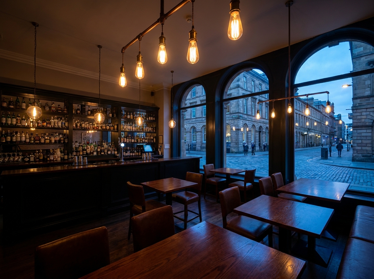 A stylish, empty bar in Glasgow set up for an evening event.