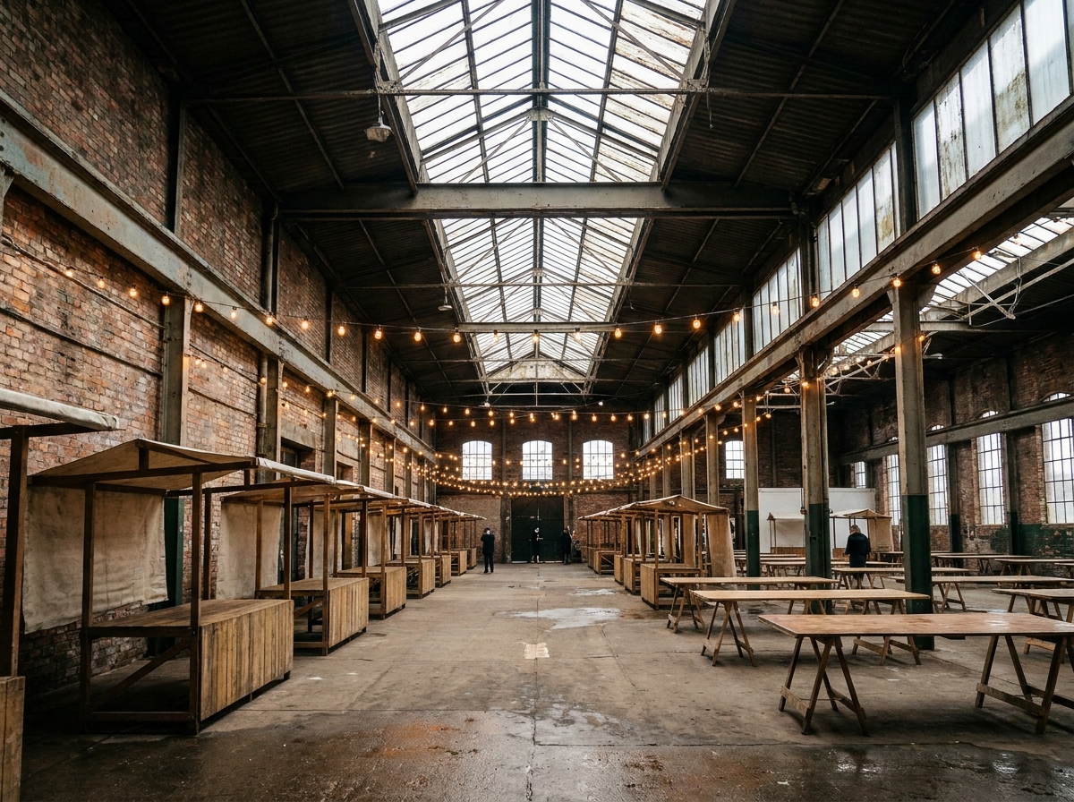 An empty market space in Glasgow with stalls ready for an event.