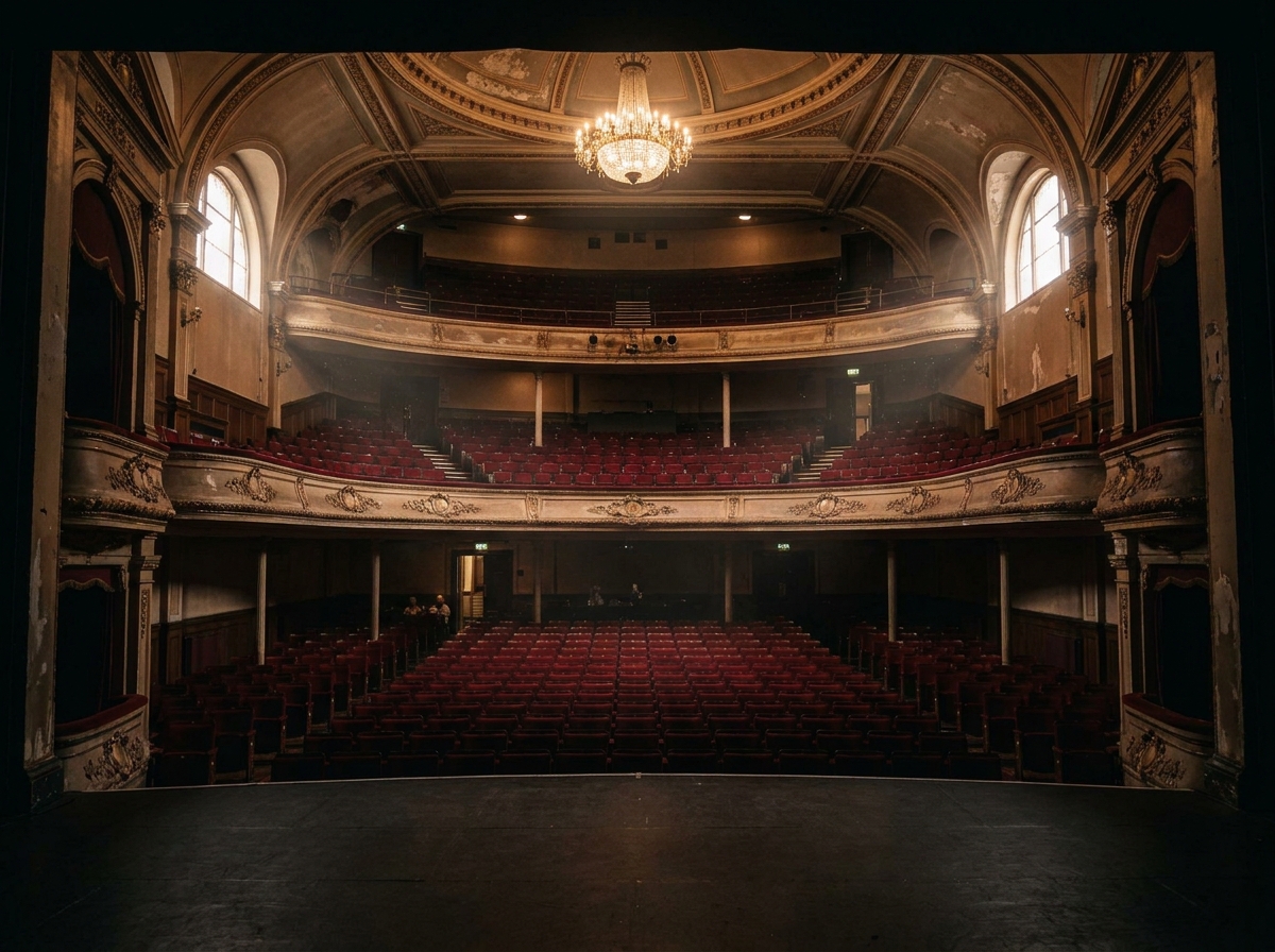 An empty, classic theatre auditorium in Glasgow, viewed from the stage.