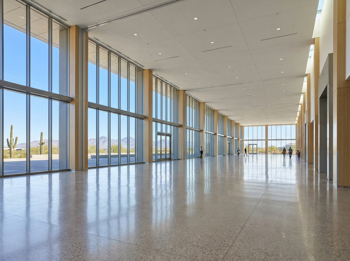 The empty lobby of a modern event venue in Glendale, AZ.