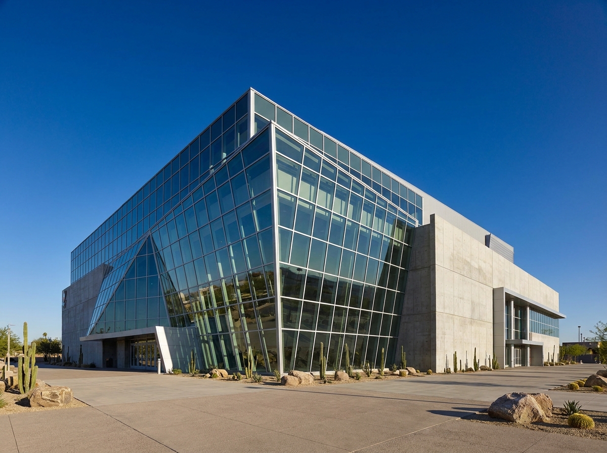 The modern architecture of an event venue in Glendale, Arizona.