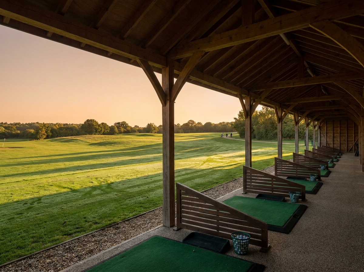 An empty driving range with hitting bays, prepared for a golf event.