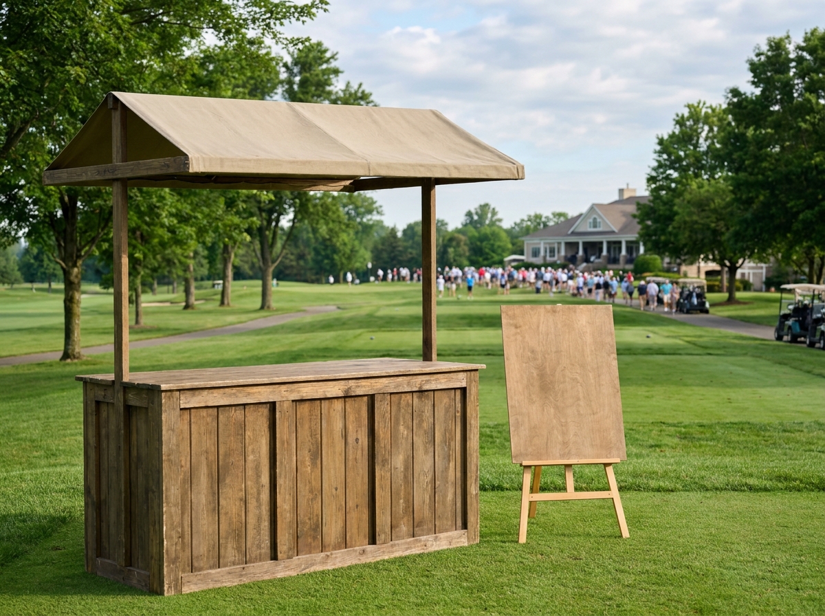 An organized registration area set up at a golf club for an event.