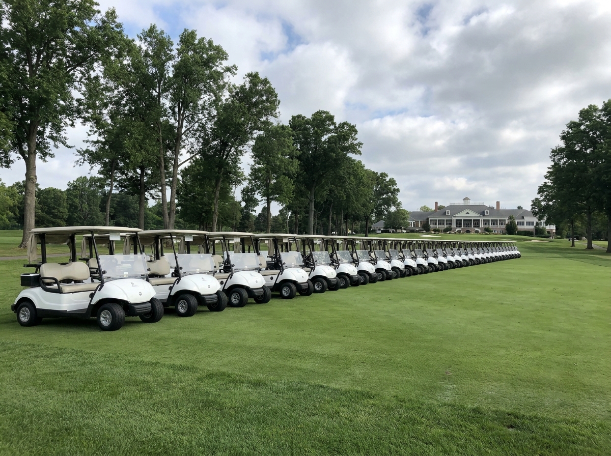 A fleet of clean golf carts parked in a row, ready for a golf tournament.