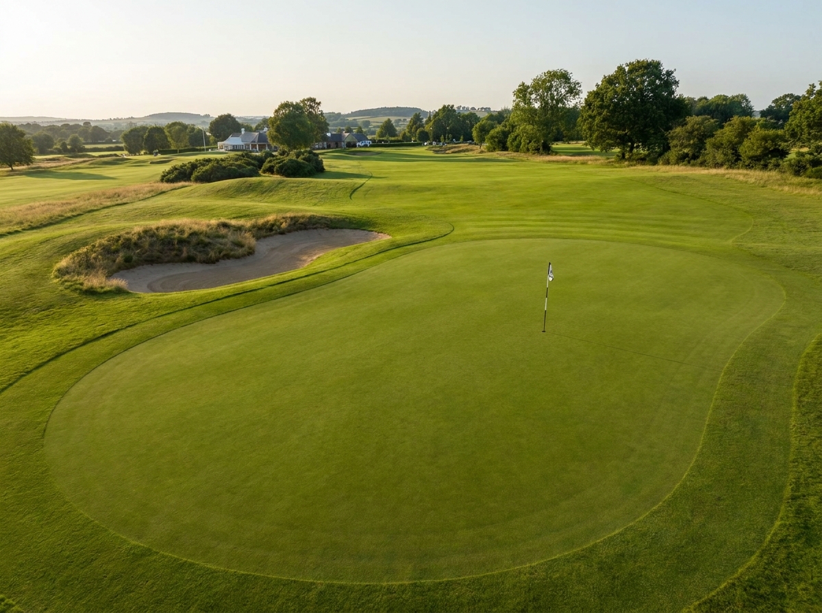 The flag and pin on a perfectly manicured golf course green.