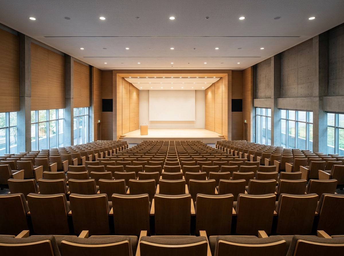An empty auditorium prepared for a university graduation ceremony.