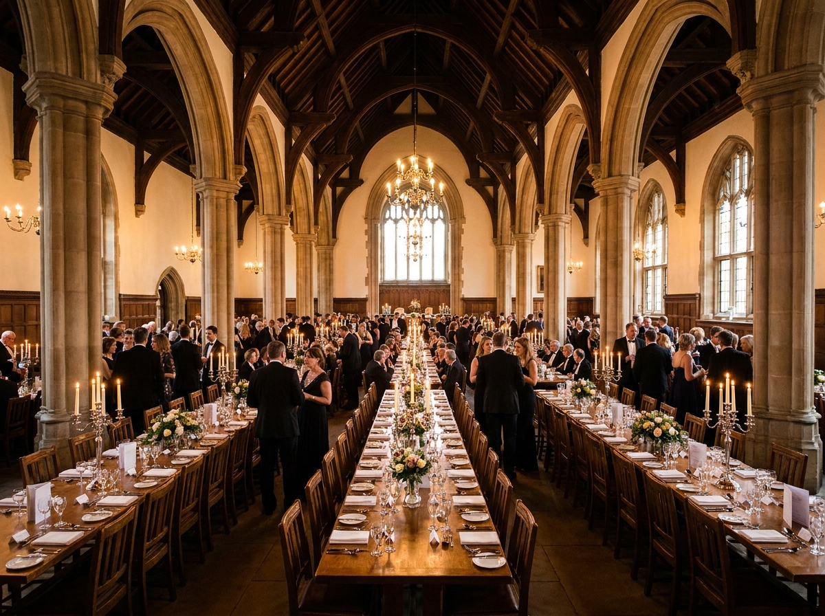An elegant alumni reunion dinner set up in a university hall.