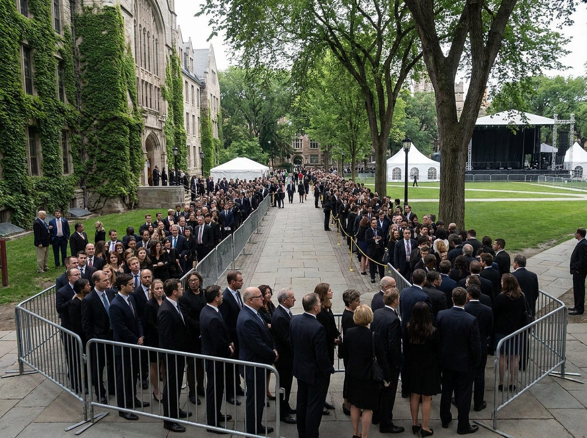 Guests queuing for entry to a graduation event, managed with a digital check-in app.