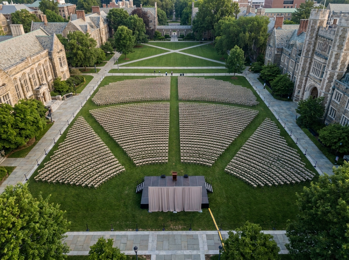 An aerial view of a university quad set up for a large graduation ceremony.