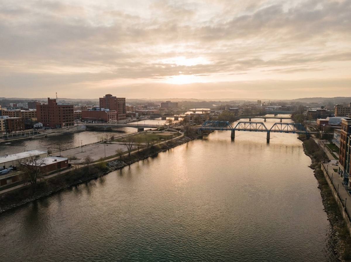 The Grand River and a blue bridge in downtown Grand Rapids, representing local event opportunities.