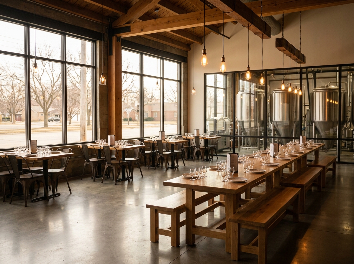An empty brewery space in Green Bay set up for a local event.