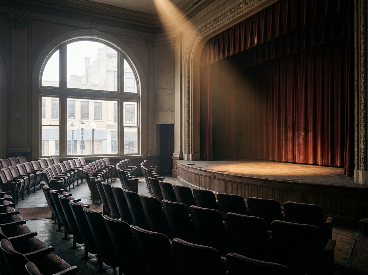 Empty seats facing a lit stage in a Green Bay performance venue.