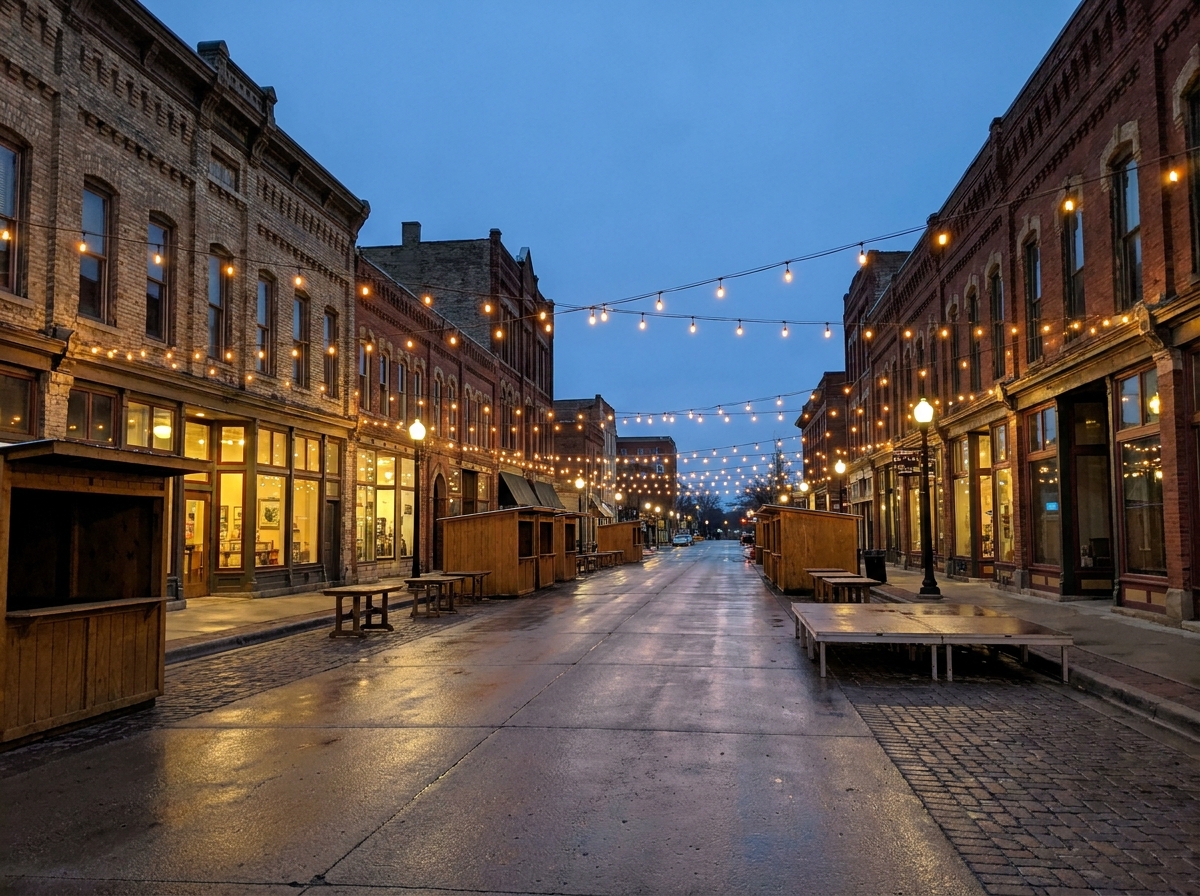 A historic street in Green Bay decorated for an evening event.